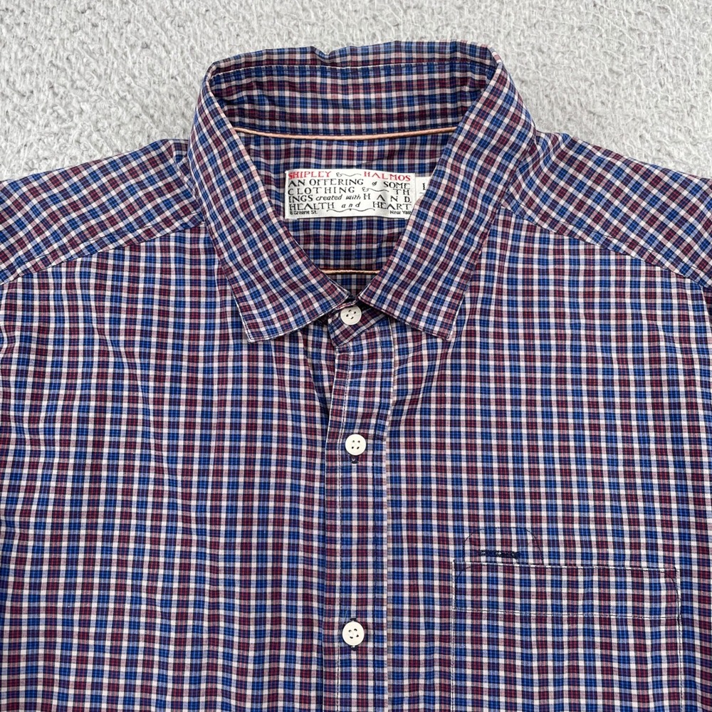 Shipley & Halmos Button Down Men L Blue Red Check Plaid Long Sleeve Shirt Pocket